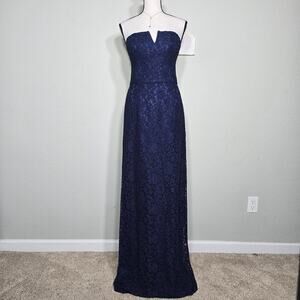 Women Navy Lace Strapless Maxi Dress Sz 10 Formal Evening Elegant Wedding Guest